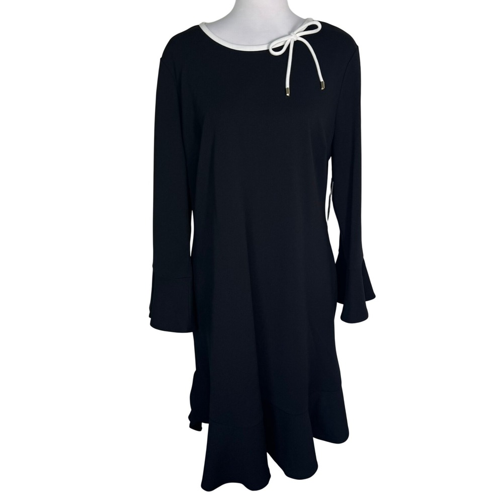 KARL LAGERFELD PARIS NWT Womens 14 Black White Ruffle Hem Bow Flare Sleeve Dress